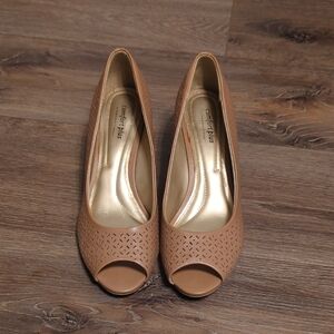 comfort plus by Predictions Tan Peep-Toe Laser-Cut Pumps with Cushioned Insole